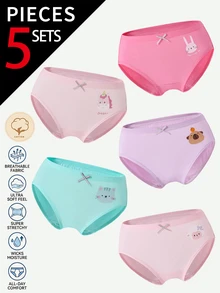SHEIN Celana Dalam Katun Lucu untuk Anak Perempuan, dengan Desain Hewan Menggemaskan seperti Domba, Anak Kucing, Unicorn, Kelinci dan Kapibara, Tersedia dalam Berbagai Warna dan Motif, Cocok untuk Semua Musim. Set 5 Potong. - MultiWarna - View 7