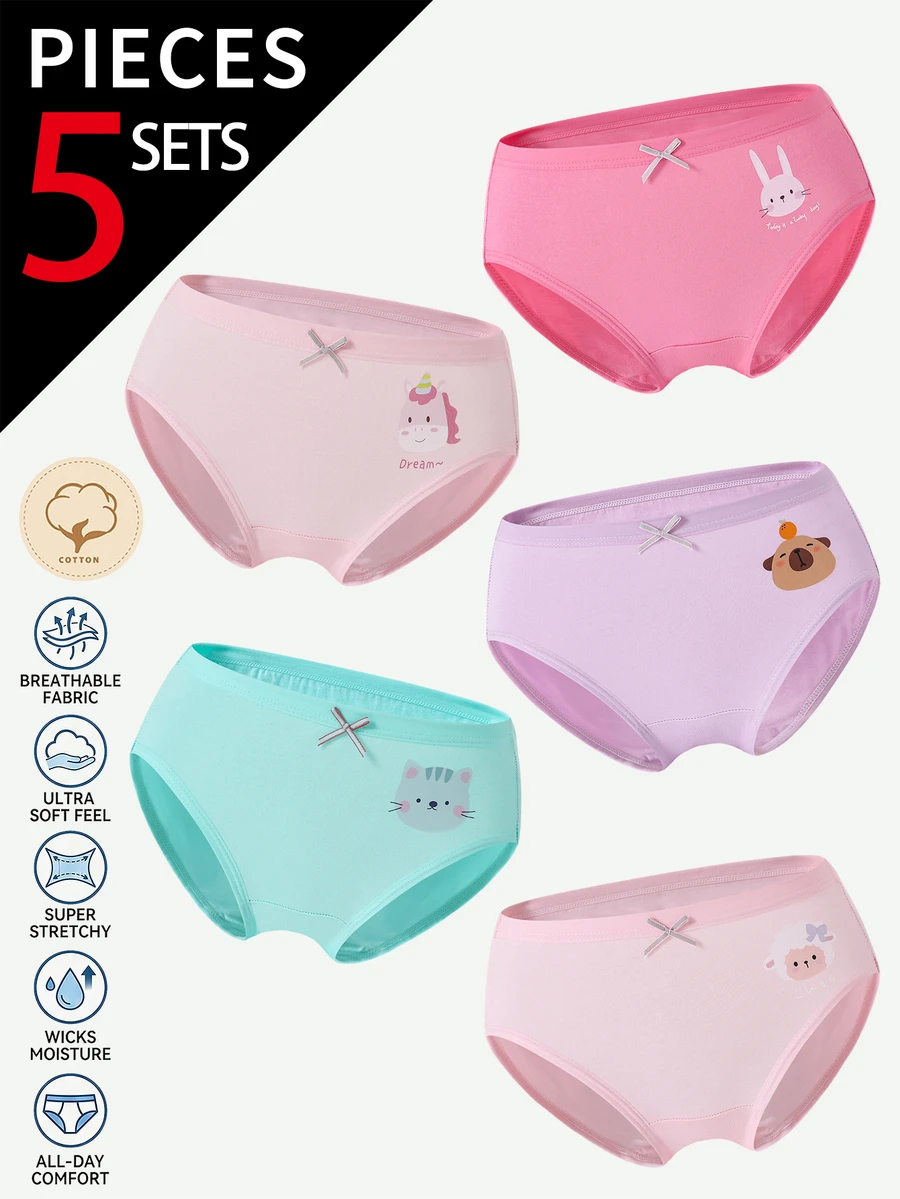 SHEIN Cute Cotton Briefs For Girls, Featuring Adorable Animal Designs Like Sheep, Kittens, Unicorns, Rabbits, And Capybara, Available In Multiple Colors And Patterns, Suitable For All Seasons. 5-Piece Set. - Multicolor - View 1