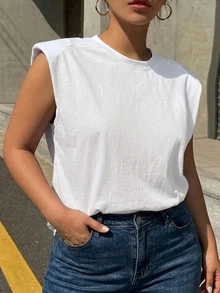 Dazy Plus Solid Color Casual Round Neck Sleeveless Blogger Style Versatile Plus Size Women Spring Summer Brown T-Shirt - White - View 1