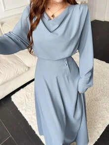 Feyla Women's Solid Color Draped Neck Long Sleeve Top And High Waist Skirt Elegant Two Pieces Set - Blue - View 2