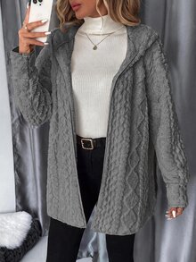 SHEIN Clasi 大尺碼女款紋理圖案長袖抓絨連帽夾克 - 深灰色 - 查看 3