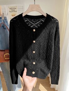 Reflora Plus Size Women's Metal Single-Breasted Hollow Knit Cardigan - Black - View 3