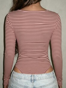 Zavorell Striped Print Lace Trim Bodysuit - Pink - View 2