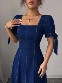 Elenzga Women's Square Neck Waist-Cinching Denim Dress - Dark Wash - View 7