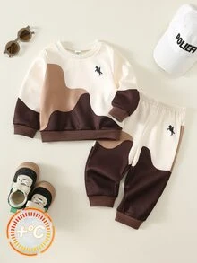 SHEIN 2件組嬰兒男童/女童秋冬針織軟綿拼接色圓領長袖套頭衛衣＋鬆緊腰長褲套裝，街頭風戶外休閒穿搭 - 彩色 - 查看 3