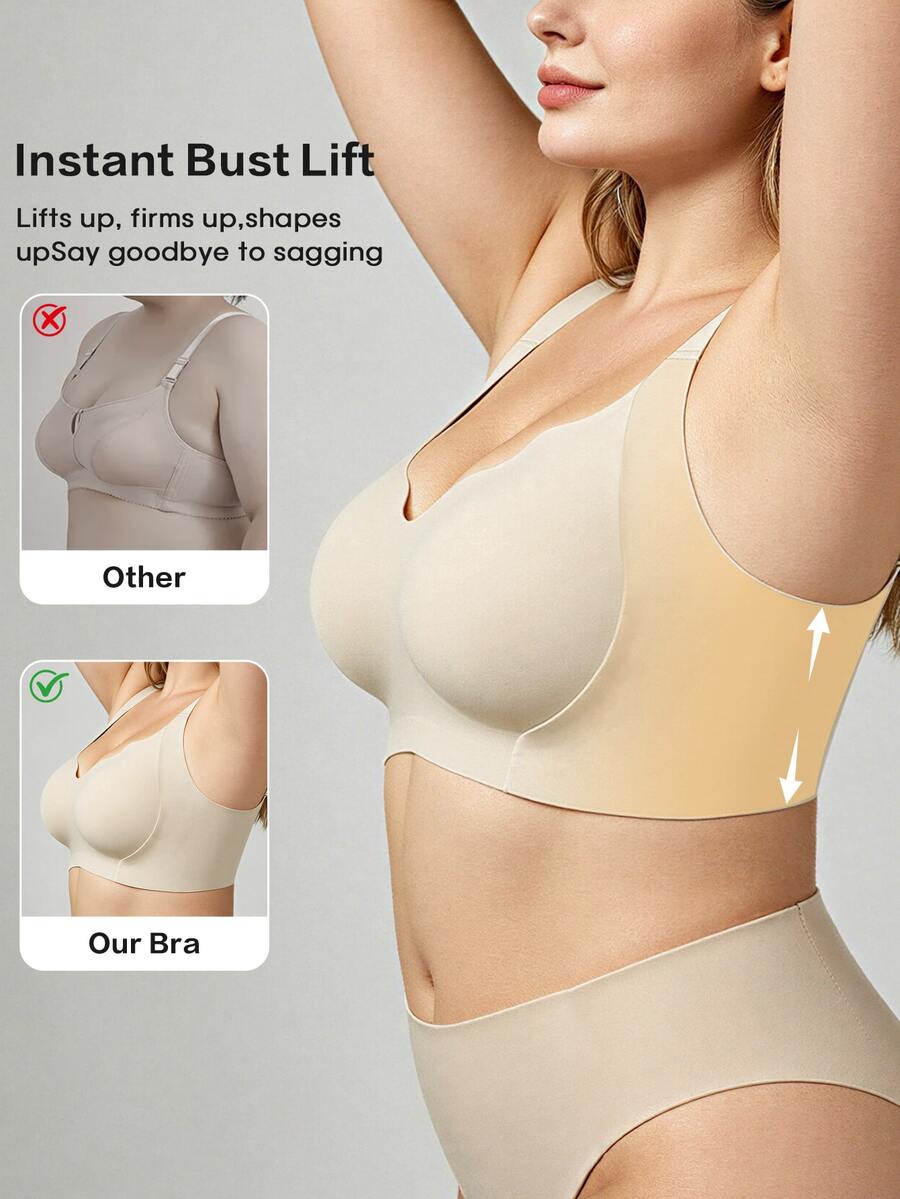 SHEIN Plus Size Women Seamless Wire-Free Push Up Jelly Bra Soft Support V Neck Comfortable Single Piece - Apricot - View 1