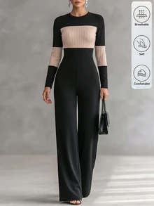 GlowEve Jumpsuit nữ ống rộng tay dài cổ tròn phối màu phong cách thường ngày cho mùa thu - Nhiều màu - Xem 10