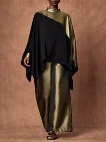 Zivah Elegant Women's Long Sleeve Patchwork Shiny Fabric Top & Wide Leg Pants 2 Pieces Set, Versatile For Commuting, Travel And Party - Black - View 6