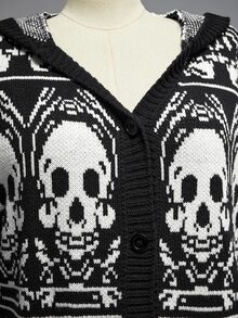 ROMWE Goth Vintage Casual Versatile Dark Skull Pattern Plus Size Knit Long Loose Cardigan - Black - View 5