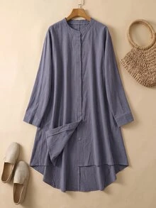 Rusticease Plus Size Women's Solid Color Round Neck Long Sleeve Single-Breasted Long Shirt Fall - Grey - View 2