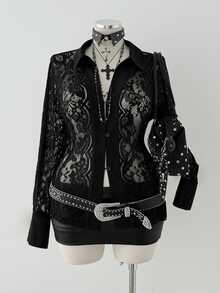 Sunspun Women's Autumn/Winter Black Lace Handmade Frog Button Front Opening Slim Fit Blouse Vintage Party New Chinese Style Versatile For Outings And Dates - Black - View 7
