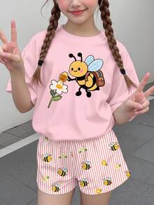 青少年女孩休閒極簡卡通圖案短袖上衣與短褲兩件套，適合 - 彩色 - 查看 2