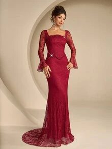 Women's Lace Long Sleeve Front Beaded Long Formal Evening Gown (Heavy Workmanship Style) - Burgundy - View 4