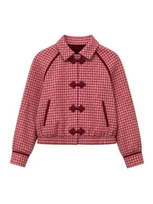 Nöista Women's Jacket With Checks Fabric. Oriental Buttons On The Planket For Closing In Contrast Color, Perfect For Fall Winter, Casual, Cute - Red - View 8