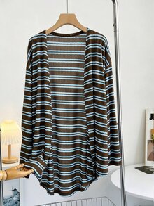 GlowEve CURVE Women's Plus Size Striped Long Sleeve Asymmetrical Hem Jacket - Brown - View 1
