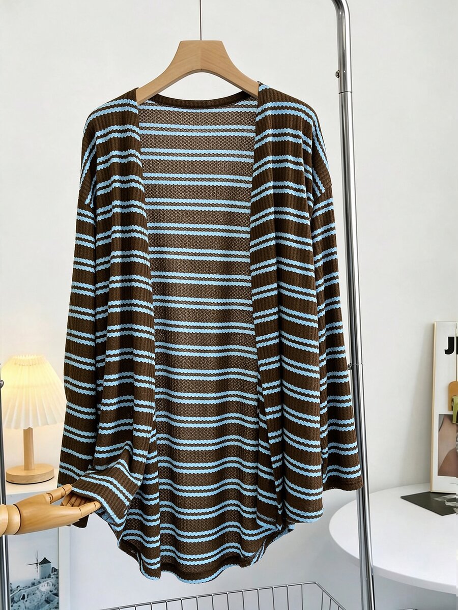 GlowEve CURVE Women's Plus Size Striped Long Sleeve Asymmetrical Hem Jacket - Brown - View 1