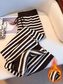 SHEIN Franclia All Casual Striped Knit Pants, Women Drawstring High Waist Flare Leg Trousers - Chocolate Brown - View 1