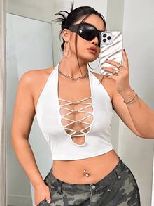 SHEIN ICON 大尺碼女款純色修身掛脖上衣，適合日常穿著 - 白色 - 查看 1