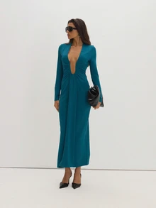 MUSEYN Teal Blue Jersey Deep Plunge Long Sleeve Maxi Dress Classy Date Night Chic Evening Fall - Dark Green - View 3