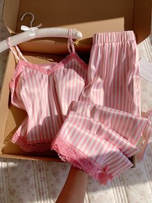 Comfortcana Women's Contrast Lace Striped Camisole Top And Long Pants 2 Pieces Set - Pink - View 6