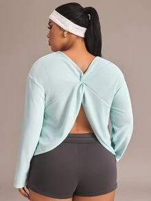 Easithlete Kaos Olahraga Lengan Panjang Wanita Ukuran Besar Warna Polos dengan Desain Simpul di Belakang, Cocok untuk Musim Gugur. - Baby Blue - View 3