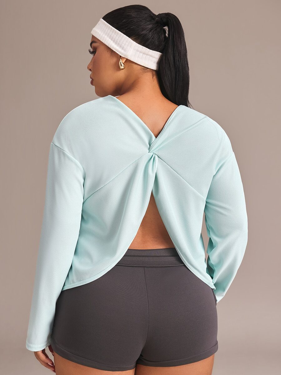 Easithlete Women's Plus Size Solid Color Back Knot Design Long Sleeve Sports T-Shirt Fall - Baby Blue - View 1