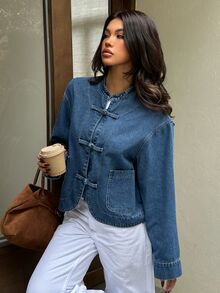 Rivivi Women's New Chinese Style Vintage Frog Button Washed Denim Jacket - Dark Wash - View 7