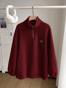 Comfortcana 女款大尺碼立領拉鍊純色秋冬時尚抓絨運動衫 - 酒紅色 - 查看 8