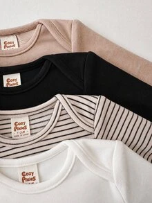 Cozy Pixies مجموعة ملابس أطفال حديثي الولادة للبنات والأولاد للخريف والشتاء، رومبير بأكمام طويلة بلون سادة لطيف، طقم من 4 قطع، محبوك ناعم برقبة دائرية مخطط وملون متعدد القطع - متعدد الألوان - مشاهدة 3