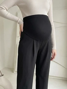 DAZY Black Maternity Drape Suit Straight Leg Ankle Pants, Elastic Full Belly Support Side Pockets Non-Binding Waist, Commute Casual High Waist Slimming - Black - View 5