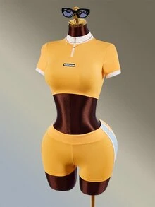Amplova Women's Letter Print Stand Collar Short Sleeve Cropped T-Shirt And Shorts Sports Set - Butter Yellow - View 3