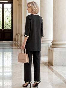 EMERY ROSE Women's Geometric Pattern 3/4 Sleeve Blouse And Long Pants Elegant Set Fall Clothes For Women Winter Outfit For Women Women Fall/Winter Sets - Multicolor - View 3