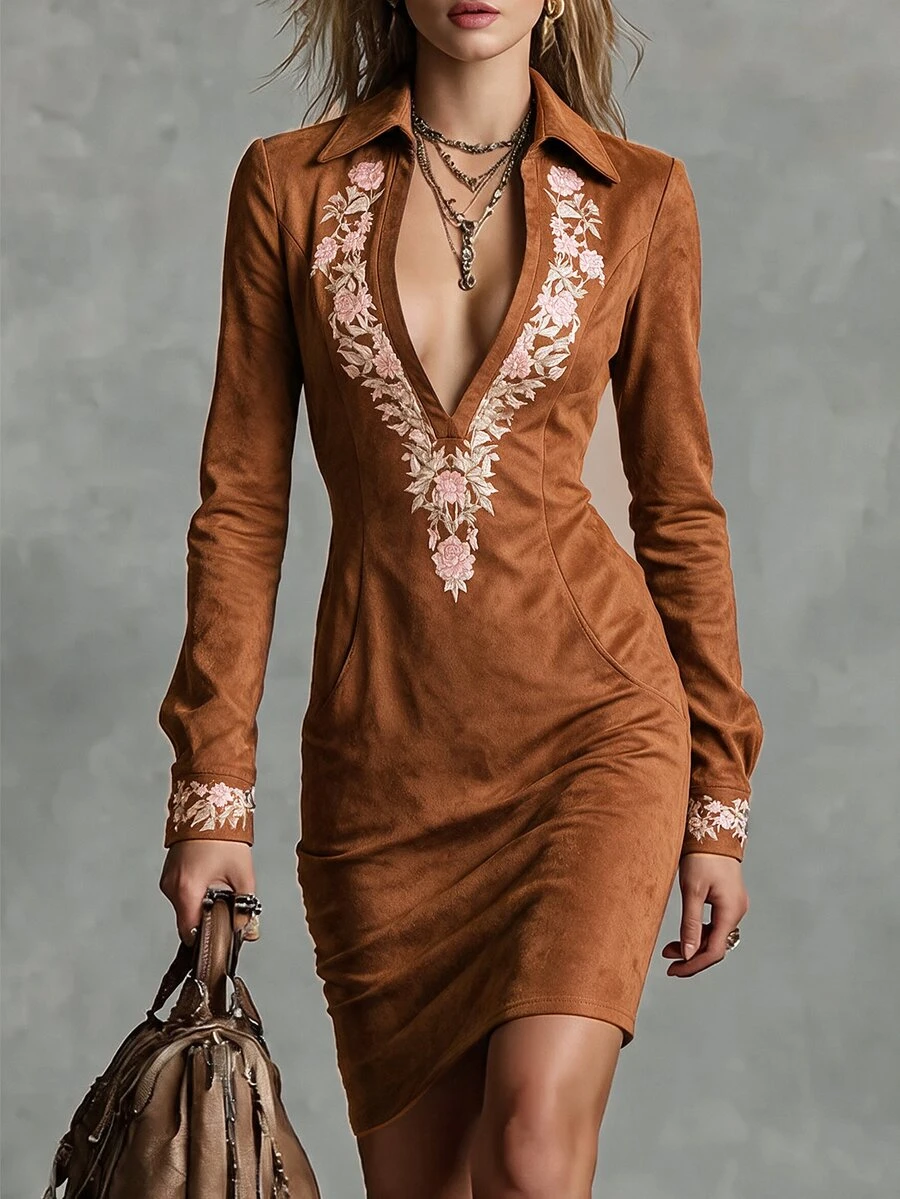LUMIGAL Gaun Wanita Model Western dengan Motif Bunga, Leher V Dalam, Lengan Panjang, dan Potongan Pas Badan - Kopi - View 1