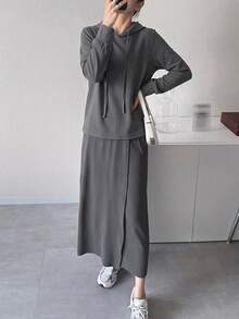 DAZY Solid Drawstring Hoodie & Split Hem Skirt - Grey - View 3