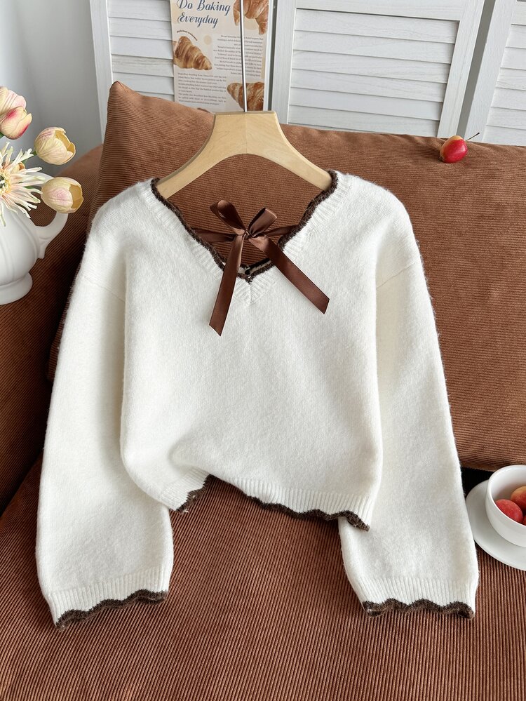 Genkimix Kids Girls' Chunky Knit Short Long Sleeve Sweater Autumn/Winter, V-Neck Wavy Ruffle Hem Bell Sleeve Details, Fashion Pullover - Multicolor - View 4
