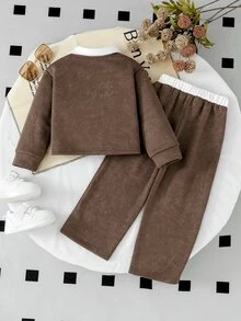 SHEIN Elladie kids 女童學院風咖啡色刷毛內裡上衣與寬腿褲2件套秋季套裝 秋冬款 - 棕色 - 查看 3