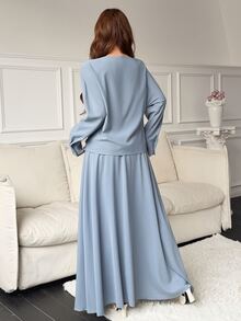 Feyla Women's Solid Color Draped Neck Long Sleeve Top And High Waist Skirt Elegant Two Pieces Set - Blue - View 6