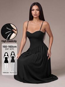 SHEIN PETITE فستان نسائي بلون موحد بحمالات رفيعة طويلة - الأسود - مشاهدة 11