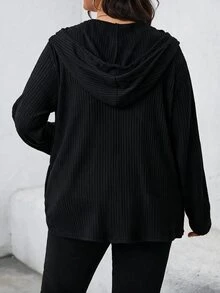 SHEIN LUNE 大尺碼女款純色前拉鍊連帽休閒夾克， - 黑色 - 查看 2