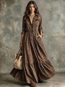 Glimmora Women's Spring Autumn French Vintage Leopard Print Casual Lazy Vacation Style Small Collar Long Sleeve Button Design Dress - Brown - View 1