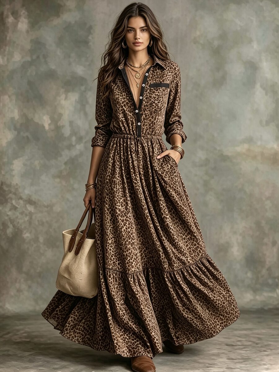 Glimmora Women's Spring Autumn French Vintage Leopard Print Casual Lazy Vacation Style Small Collar Long Sleeve Button Design Dress - Brown - View 1