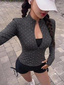 DAZY 女款極簡百搭波點印花拉鍊長袖夾克 - 灰色 - 查看 2