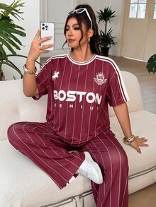 SHEIN EZwear 女款大尺碼酒紅色休閒條紋T恤與長褲套裝，適合運動、度假、派對、日常外出、聚會、戶外活動 - 酒紅色 - 查看 4