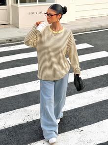 Muchica 女款淺黃色條紋露背繫帶前襟長袖T恤，適合外出、返校、街頭風、露背上衣、秋季上衣，適用於日常通勤、派對、秋冬夏季、聖誕節、新年、感恩節、婚禮、海灘、畢業典禮、優雅風格、約會、情人節等場合 - 彩色 - 查看 6