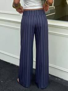 Aloruh Women's Waist Button Design Striped Wide Leg Loose Long Pants - Navy Blue - View 2