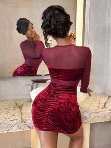 BamGleam Women's Solid Color Contrast Mesh Long Sleeve Ruched Slim Fit Sexy Dress - Burgundy - View 2