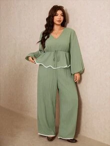Elaquor Plus Contrast Binding Peplum Top & Wide Leg Pants Fall - Green - View 6