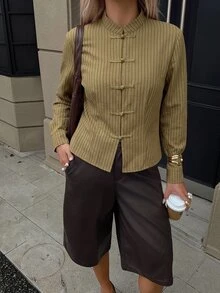 Siren Gaze Autumn New Style New Chinese Frog Button Shirt Women - Brown - View 5