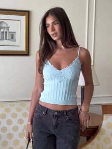 Siren Gaze Women's Blue Ribbed Knit Lace Trim Camisole Set, Perfect Choice For Casual Outings Women's Lace Camisole Autumn/Winter Base Layer Knit Top - Baby Blue - View 4
