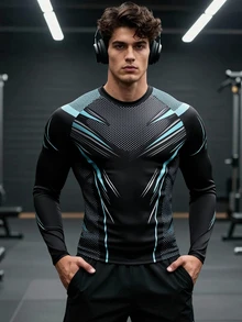 GymBeat Men's Tech Graphic Print Slim Fit Long Sleeve Tee, Outdoor Workout Running Training Sport Shirt - Black - View 1